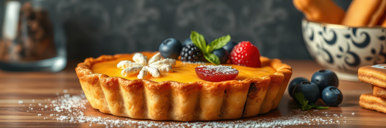 Delicious tart with fresh fruits and decorative elements on a wooden table in a cozy setting